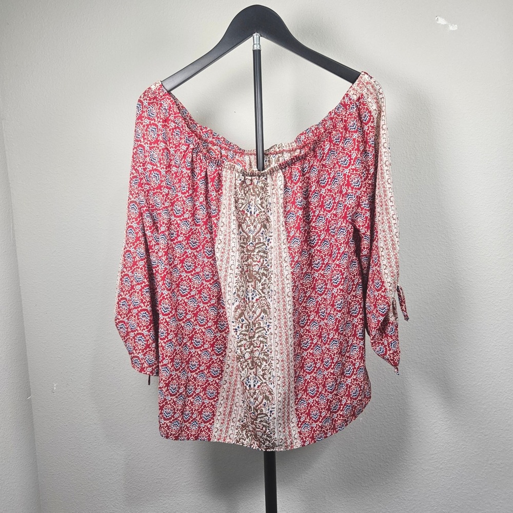 Skies Are Blue Blouse Womens L Red Paisley Off The Shoulder Ruched Boho Peasant